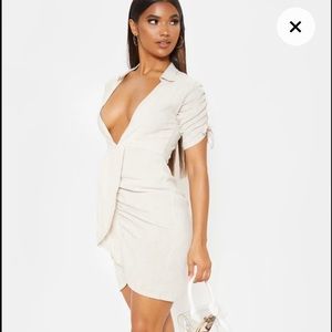Pretty Little Thing Stone Linen Rushed Sleeve Deep Plunge Bodycon Dress